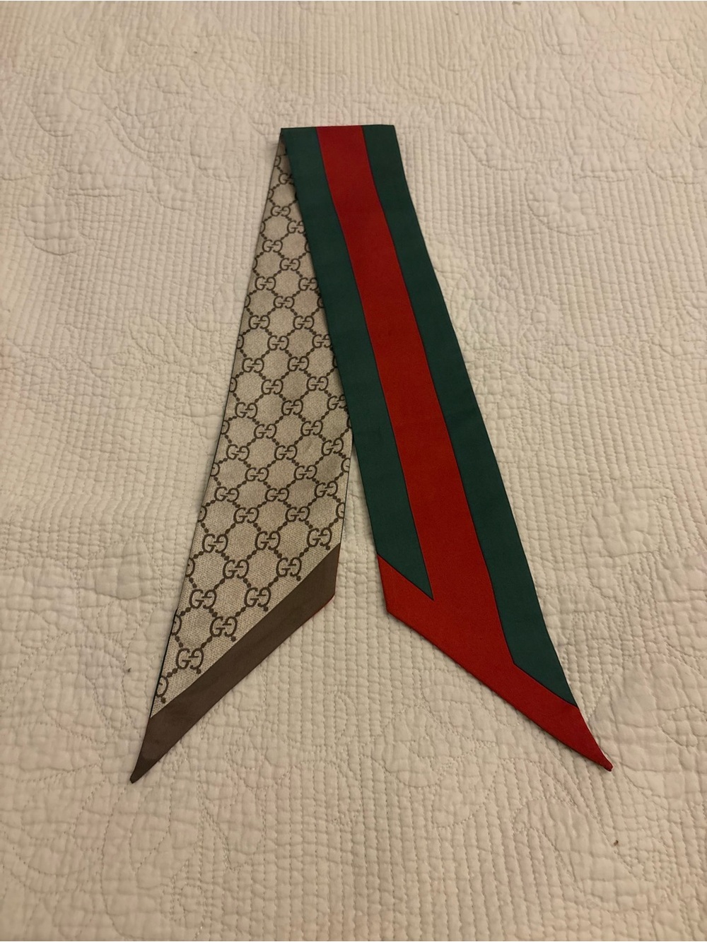 Gucci 100% Silk Twilly Scarf GG Monogram & Green Red Web Stripe Italy